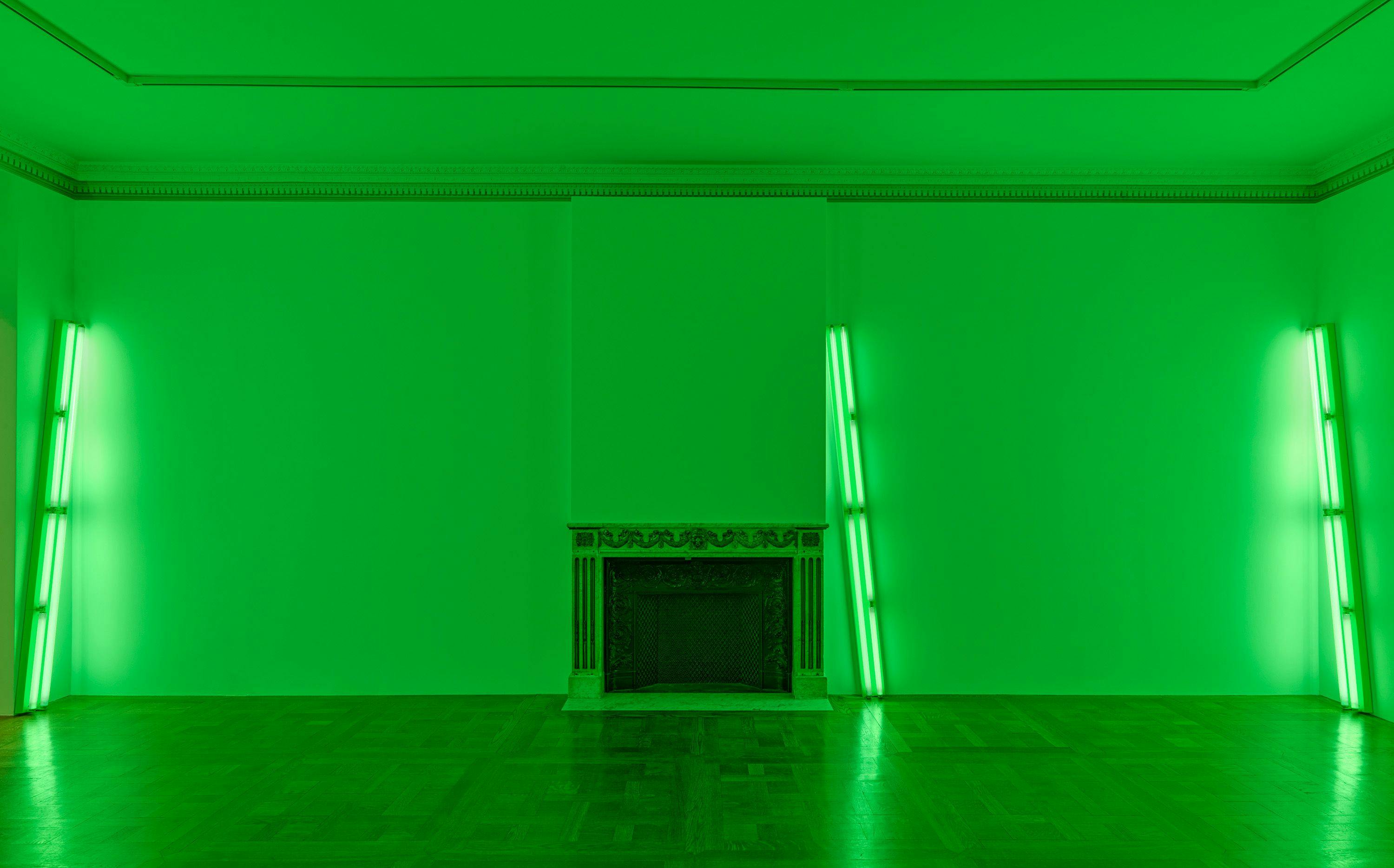 Installation view of an exhibition titled, Dan Flavin: Kornblee Gallery 1967, at David Zwirner in New York, dated 2023.